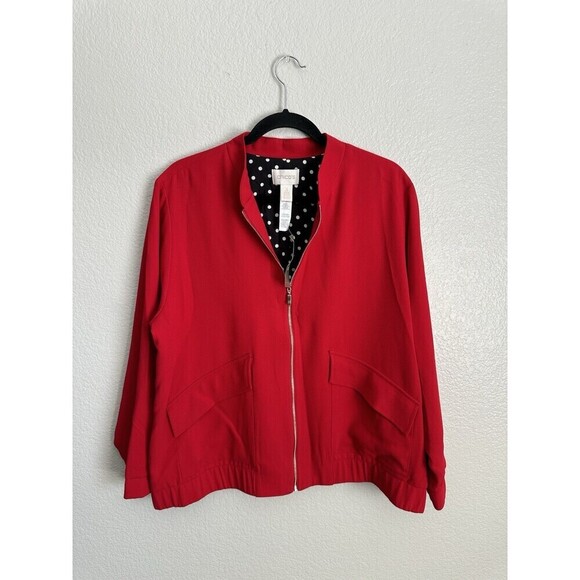 Chicos Clean Crepe Bomber Jacket Womens Size 3 XL Carmine Red Full Zip Polka Dot - Picture 1 of 6